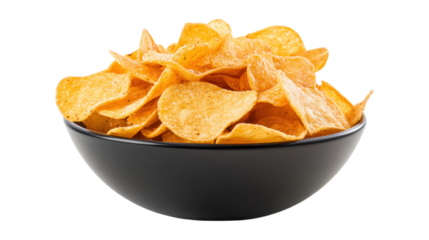 A bowl of chips is sitting on a white background