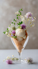 Ice cream cone adorned with an assortment of colorful flowers in a clear glass dish on a textured neutral background