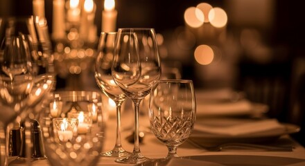 Elegant dinner table setting features crystal glasses and candles for a romantic evening atmosphere