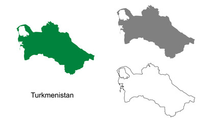 Turkmenistan map set. Turkmenistan map vector. Turkmenistan map on green, gray, and outline
