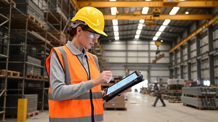 Young female worker in an industrial setting is seen using a digital tablet for tracking logistics and managing inventory. She is wearing safety gear while working as an engineer in a factory - Powered by Adobe