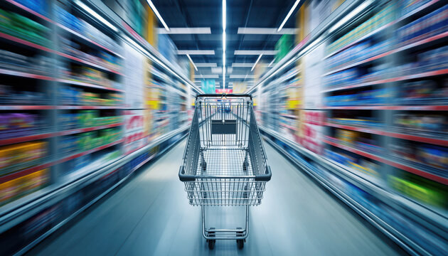 Shopping cart in supermarket aisle, surrounded by blurred shelves filled with various products, creates sense of motion and urgency. bright lighting enhances shopping experience