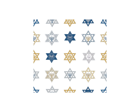 Collection of traditional jewish symbols, including stars of david and menorahs, arranged in a grid pattern on a transparent background - Powered by Adobe