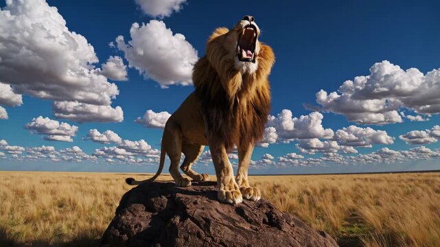 Majestic lion atop a rock in a vast savannah, captured from a low-angle, under a sky dotted with clouds. Perfect for a wildlife video theme.
