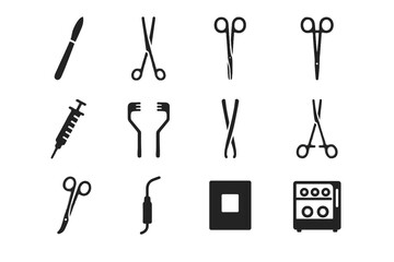 Fototapeta premium Syringe suction icons sterilizer scalpel drape surgical vector tools icon tray clamp