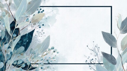 Watercolor blue botanical leaves and branches with blank frame background design