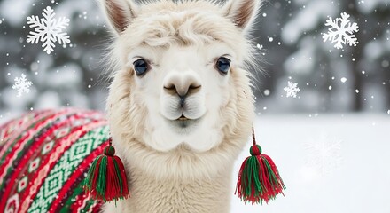 Adorable white alpaca wearing a festive red and green knitted sweater in a snowy winter forest with snowflakes falling