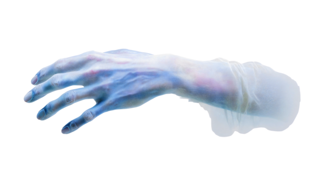 A spooky ghost hand wrapped in white sheer fabric isolated on a white background, a reaching spirit arm with a veil, a phantom limb, a horror Halloween decoration.