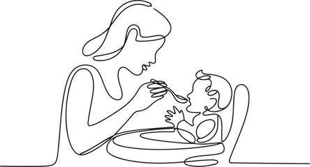 A continuous line drawing of a caring mother feeding her son in a baby high chair, reflecting Infant Feeding Day. one line Icon drawing