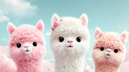 Obraz premium Drei niedliche Alpakas in Pastellfarben mit Rosenakzenten vor sanfter Wolkenkulisse