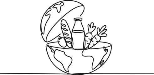 Single one line drawing half round globe with open top with French bread, glass bottle of milk, vegetables. Lack of nutritional equity. World Hunger Day. one line Icon drawing