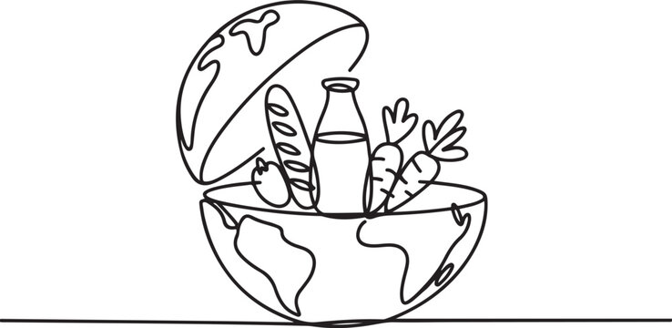 Single one line drawing half round globe with open top with French bread, glass bottle of milk, vegetables. Lack of nutritional equity. World Hunger Day. one line Icon drawing