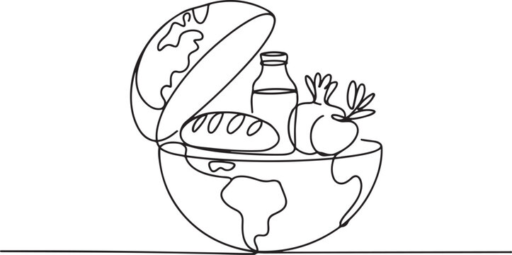 Single one line drawing half round globe with open top with French bread, glass bottle of milk, vegetables. Lack of nutritional equity. World Hunger Day. one line Icon drawing