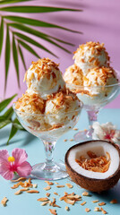 Coconut ice cream served in glass bowls with toasted coconut flakes, tropical flowers, and a coconut half on a colorful background