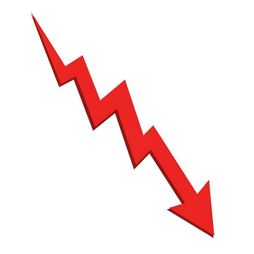 Red zigzag arrow pointing downwards, symbolizing decline, crisis, or financial loss, isolated on white isolated on transparent background