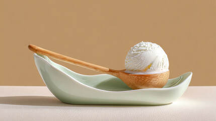Minimalistic presentation of white ice cream scoop served in a modern green dish with a bamboo spoon on a neutral background