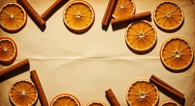 Explore a vintage paper background adorned with dried orange slices and cinnamon sticks for a nostalgic holiday feel