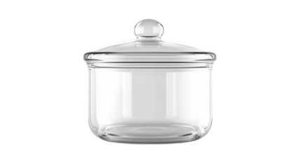 A clear glass jar with a lid sitting on a black background in a studio shot with soft lighting on transparent background