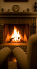 Cozy evening by the warm fireplace with soft flames flickering in a serene atmosphere