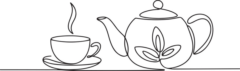 Continuous one line drawing teapot with a cup with a saucer. Symbol of great ease of tea cultivation throughout the world. Hot tea. International Tea Day. one line Icon drawing
