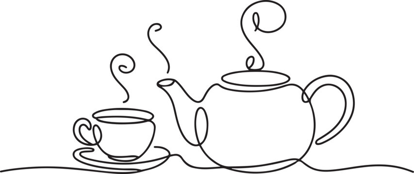 Continuous one line drawing teapot with a cup with a saucer. Symbol of great ease of tea cultivation throughout the world. Hot tea. International Tea Day. one line Icon drawing