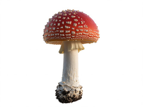 Striking fly agaric mushroom with vibrant red cap and distinctive white spots, isolated for scientific illustration or educational resources, creating a sense of wonder