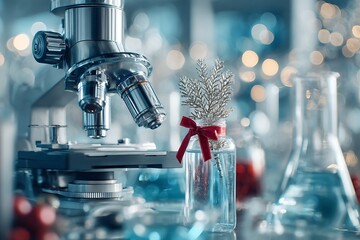 A scientific microscope juxtaposed with a holiday-themed flask and festive bokeh lights. Symbolizes the intersection of science and celebration, innovation, and seasonal research breaks.