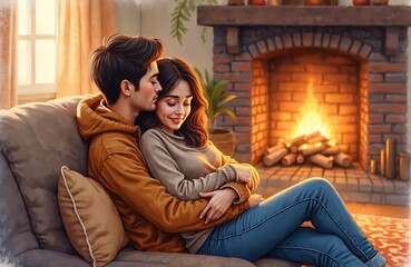Young couple cuddles on sofa near fireplace. Man holds woman, they relax by warm burning logs. Couple enjoys cozy home interior during winter night, feeling love and comfort.