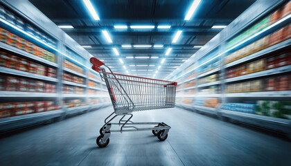 Shopping cart stands prominently in grocery store aisle, surrounded by blurred shelves filled with colorful products. scene conveys sense of motion and excitement, inviting shoppers to explore