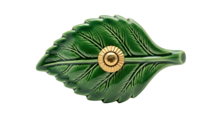 Green leaf-shaped decorative knob with gold center and screw—combines natural aesthetics with functional hardware for interior design or furniture accents