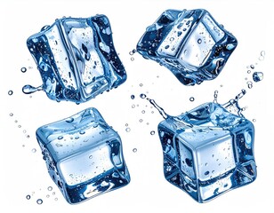 Four ice cubes floating with water splashes, isolated