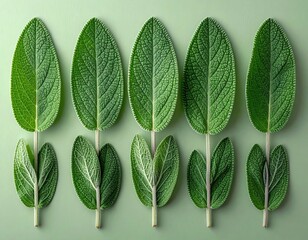 Green leaves arranged neatly on a light green background