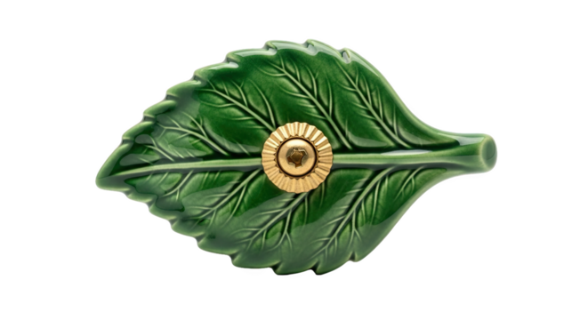 Green leaf-shaped decorative knob with gold center and screw—combines natural aesthetics with functional hardware for interior design or furniture accents - Powered by Adobe