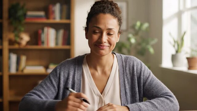 Poised African American female executive in a home office engaged in a virtual conference, smiling and confidently listening to colleagues during an online business meeting