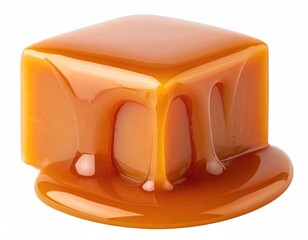Glossy caramel cube with dripping sauce