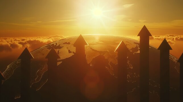 Visualization of global economic growth  upward arrows around a glowing earth for 2026 fair - Powered by Adobe