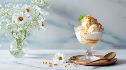 Delicious ice cream sundae topped with caramel drizzle and crushed nuts, served in a glass with flowers in the background