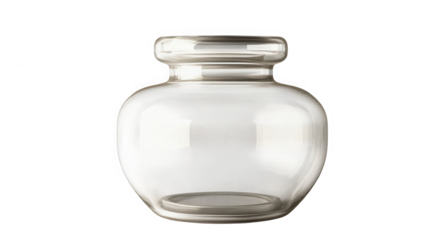 A clear glass jar with a wide body and a narrow neck on a black background in a studio setting on transparent background