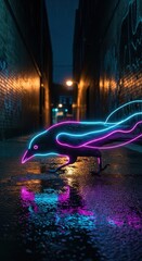 Obraz premium Silhouette of a bird outlined in bright neon light stands in a dark, wet urban alleyway