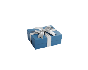 Blue gift box with lustrous silver ribbon and bow elegant presentation isolated against a transparent background