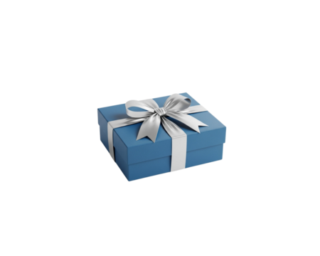 Blue gift box with lustrous silver ribbon and bow elegant presentation isolated against a transparent background - Powered by Adobe