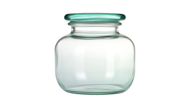 A clear glass jar with a green rim sits on a black background in a studio shot with even lighting on transparent background