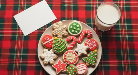 Delightful Christmas cookies and a glass of milk on a plaid tablecloth create a festive holiday setting