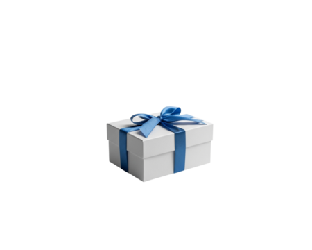 White gift box with a delicate blue ribbon, isolated on a transparent background, ready for celebration designs - Powered by Adobe