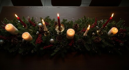 Elegant dark moody Christmas table setting with candles and fir branches creates a festive atmosphere perfect for holiday gatherings