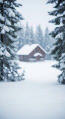 Snowy landscape with blurred cabin in the distance creates a serene winter vibe in a peaceful forested area