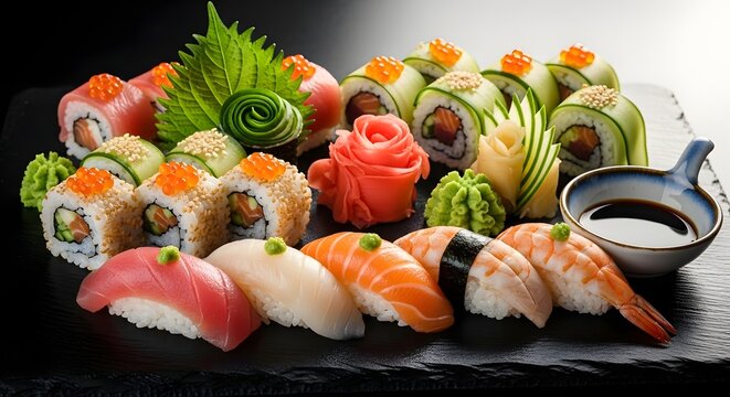 Delicious japanese sushi and sashimi platter with various rolls and nigiri