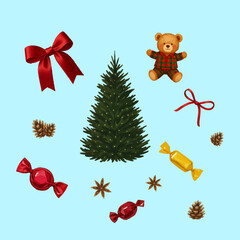 Christmas decorative set with fir tree, teddy bear, red bow, candies, pinecones and star anise on a transparent background. Isolated festive clipart for winter and holiday designs.