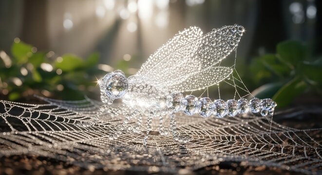 Shimmering insect form constructed entirely of morning dew rests upon a delicate web