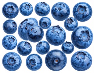 Many ripe blueberries against a white background